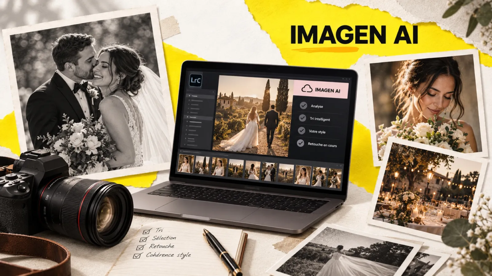 Illustration en collage photographique de l’article « Imagen AI : le meilleur allié des photographes de mariage et des portraitistes »