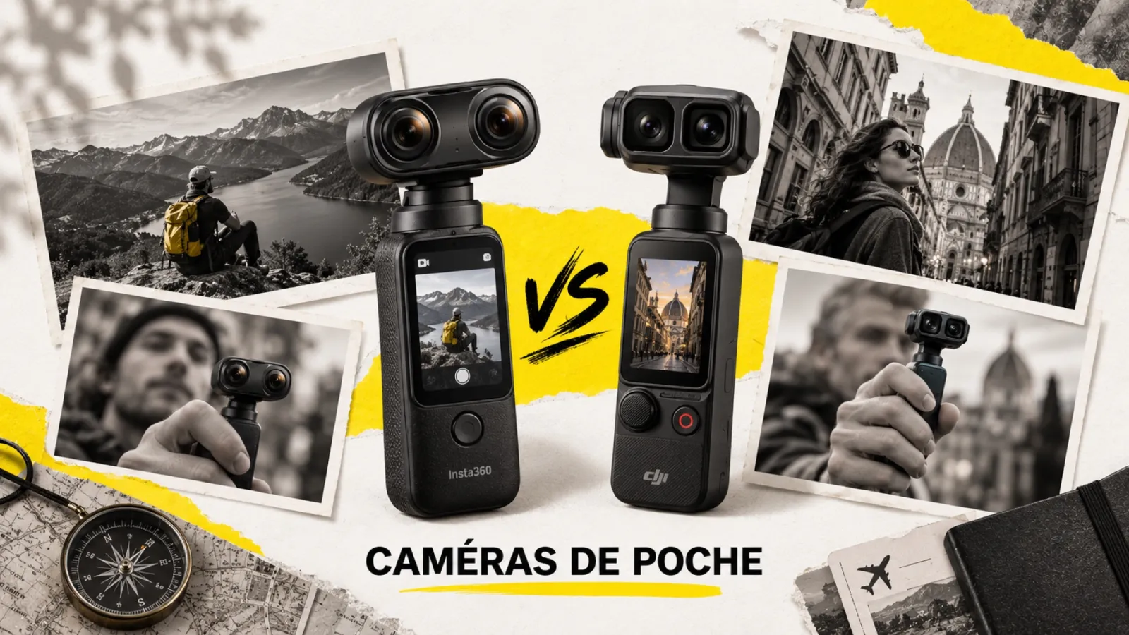 Illustration en collage photographique de l’article « Insta360 Luna vs DJI Osmo Pocket 4P : le duel des caméras de poche double objectif »