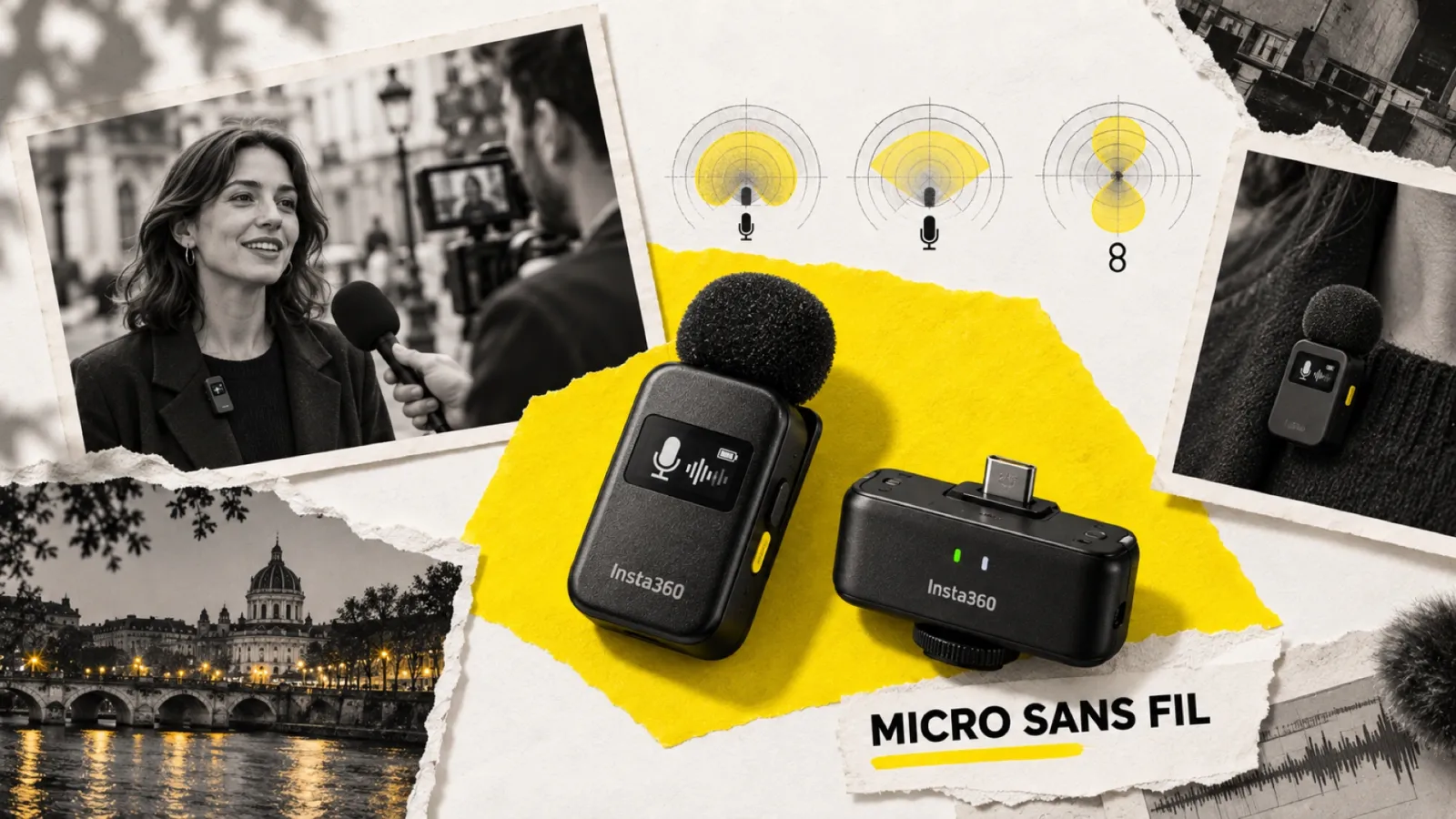 Illustration en collage photographique de l’article « Insta360 Mic Pro : le micro sans fil qui change de directivité »