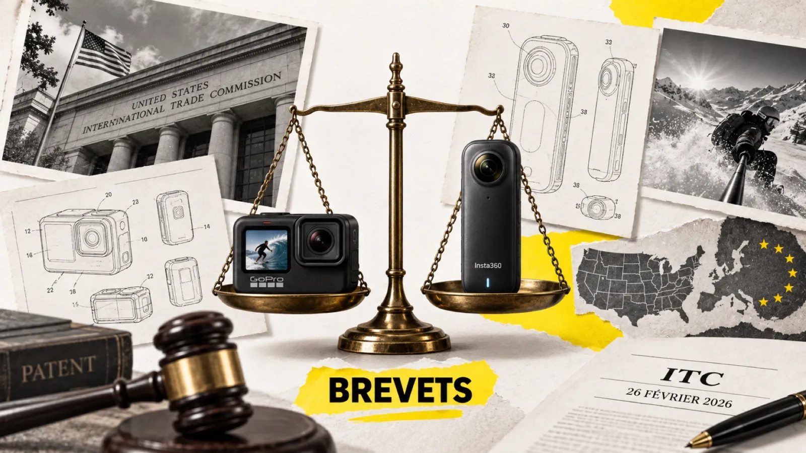 Illustration en collage photographique de l’article « Insta360 vs GoPro : la décision ITC de février 2026 »