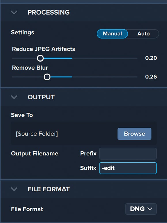Interface de logiciel de traitement d'image montrant les options de réduction des artefacts JPEG et de suppression du flou.