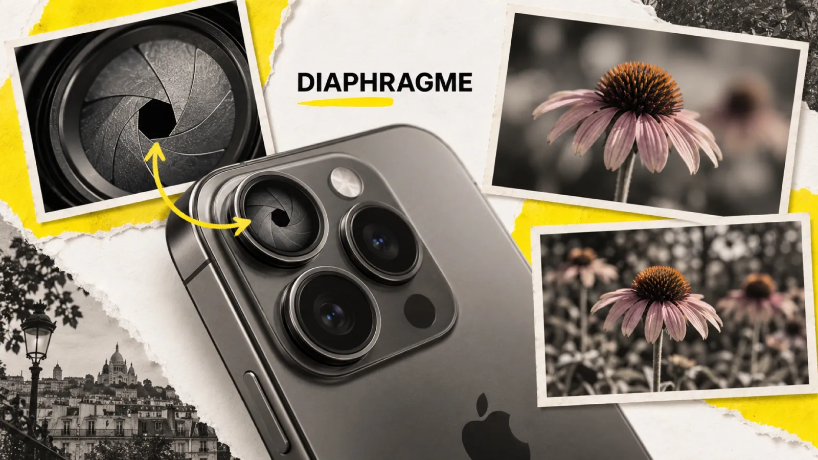 Illustration en collage photographique de l’article « iPhone 18 Pro : Apple remet un vrai diaphragme dans le téléphone »