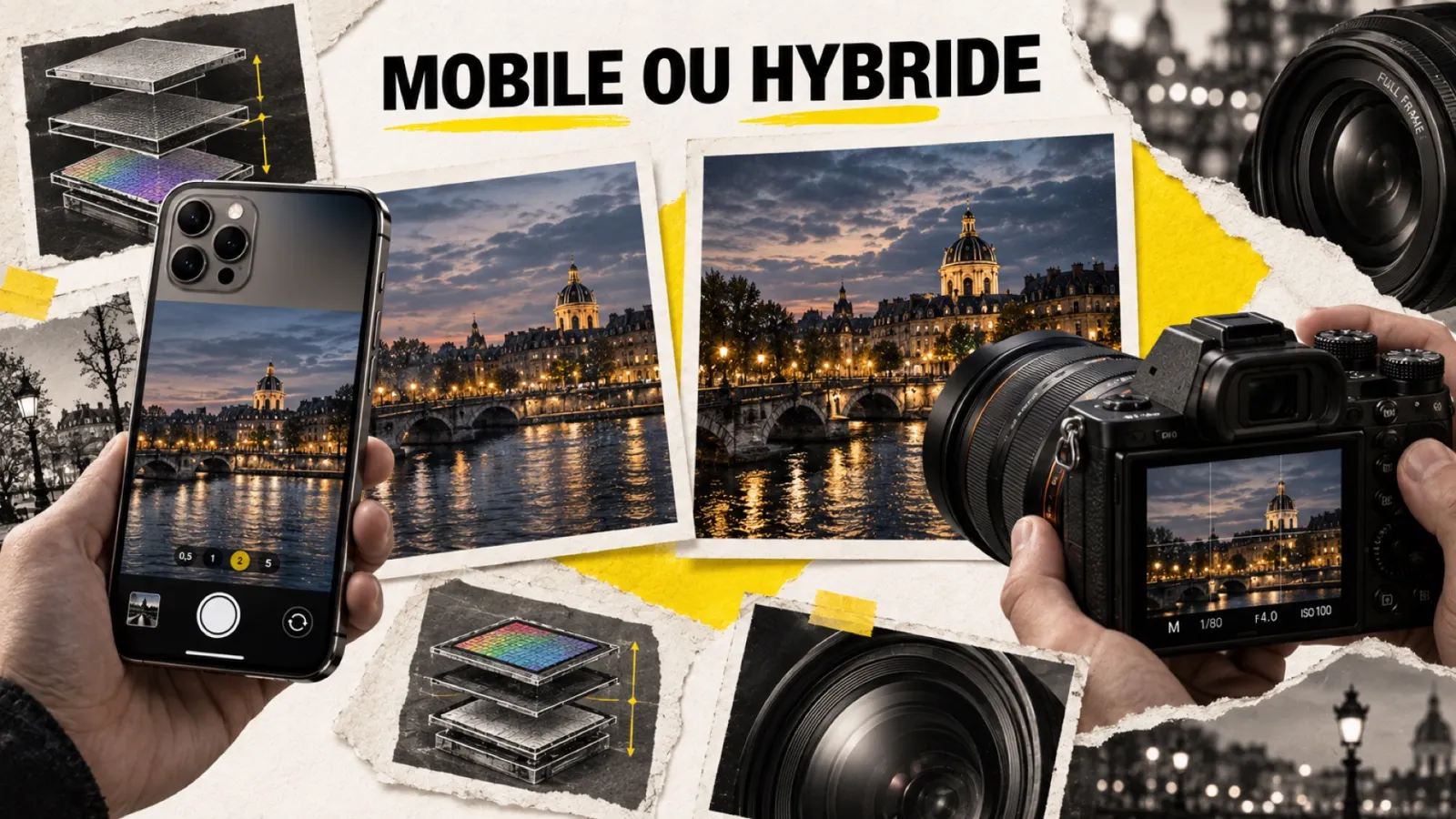 Illustration en collage photographique de l’article « iPhone 18 et photographie computationnelle : faut-il encore acheter un hybride en 2026 ? »