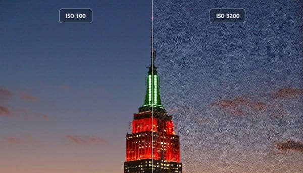 Comparaison de bruit numérique sur une photo d'un gratte-ciel à ISO 100 et ISO 3200.
