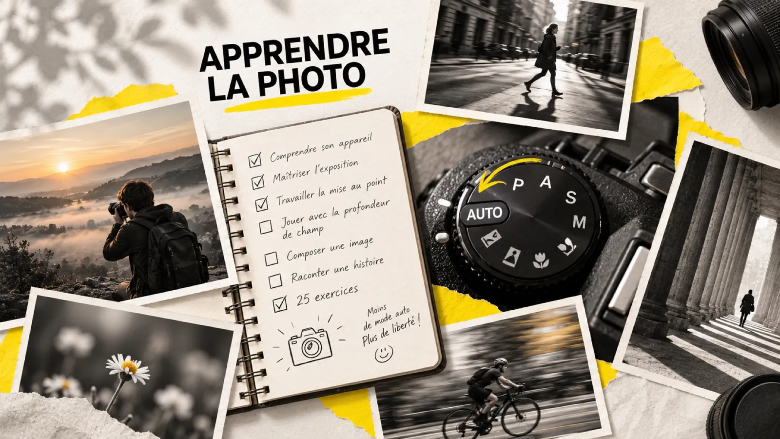Illustration en collage photographique de l’article « « J’apprends la photographie » de Nicolas Croce : le best-seller pour débuter »
