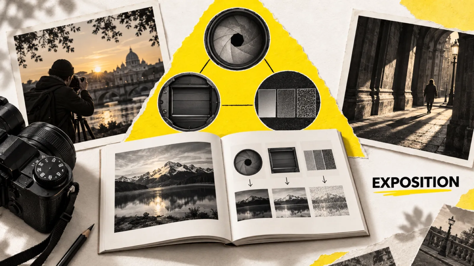 Illustration en collage photographique de l’article « « L’essentiel de la photo » de Nicolas Croce : le triangle d’exposition en 84 pages »