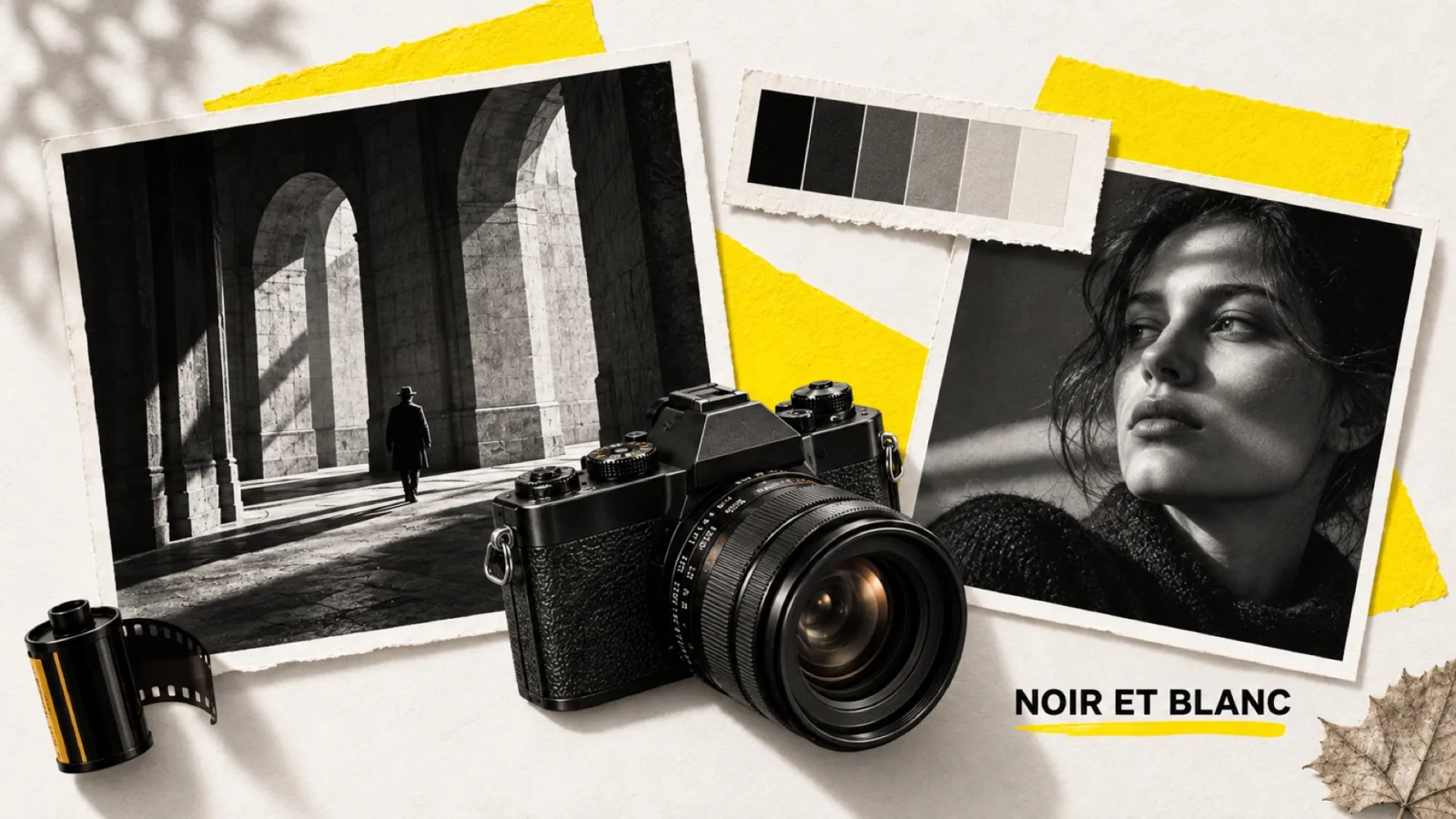 Illustration en collage photographique de l’article « La photo noir et blanc : le guide pratique complet »