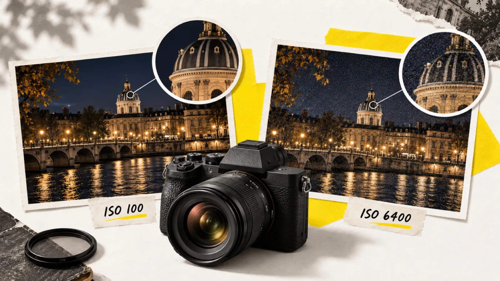 Illustration en collage photographique de l’article « La sensibilité ISO en photo : le guide complet pour réussir vos réglages »
