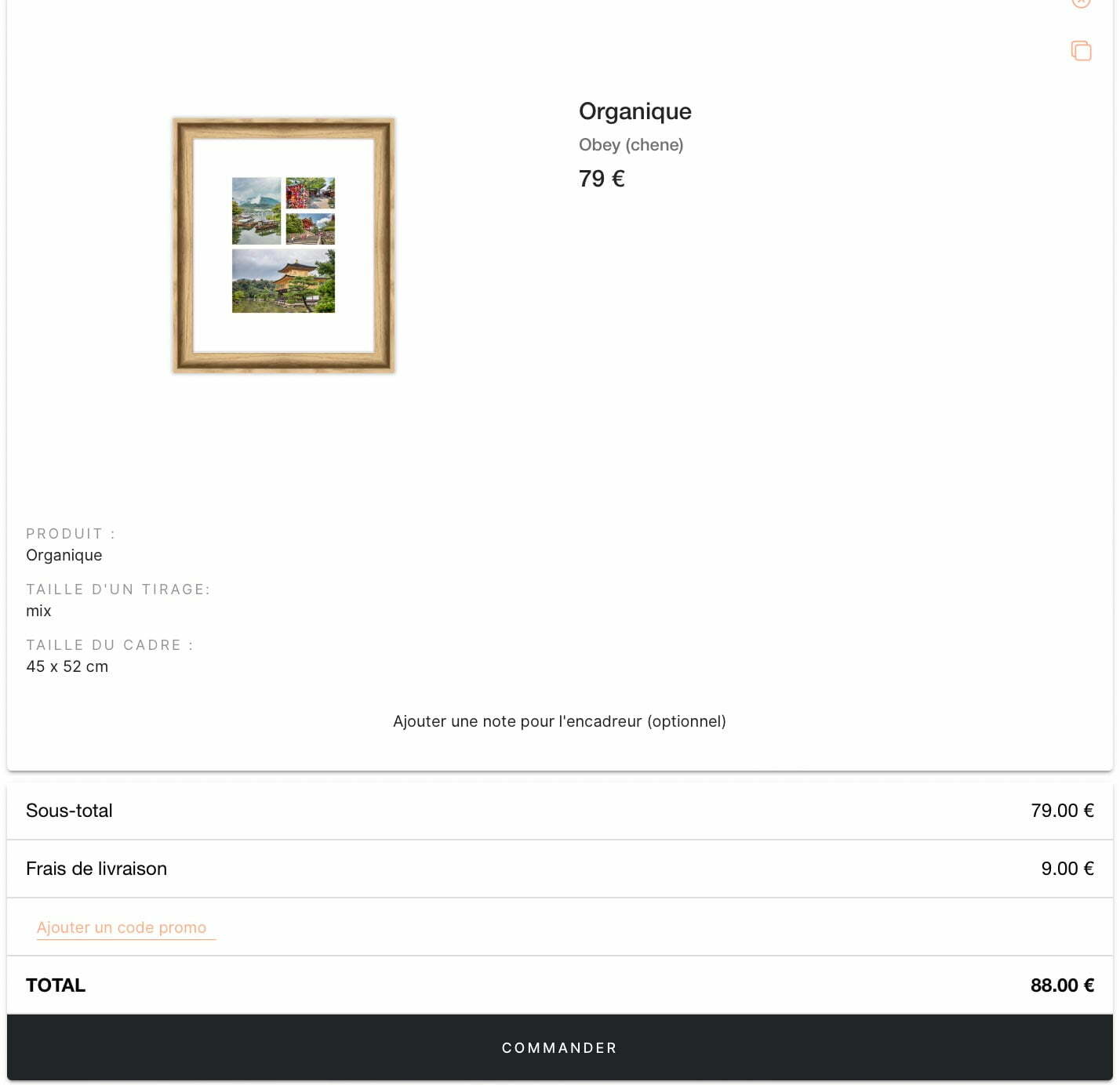 Récapitulatif de commande avec note à l'encadreur chez Lama Factory