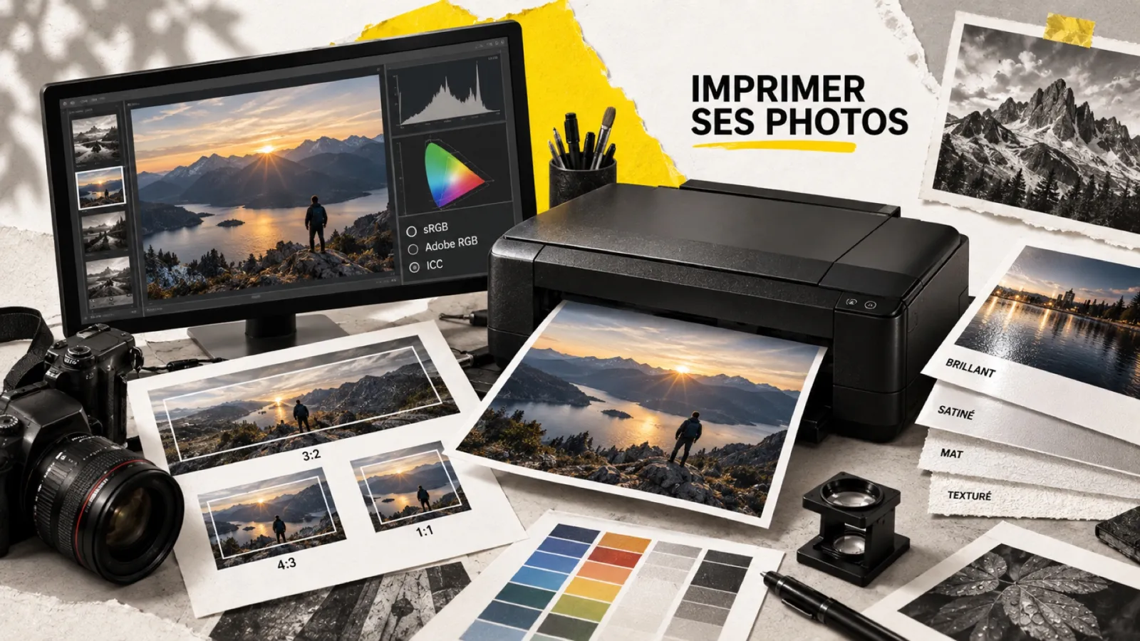 Illustration en collage photographique de l’article « Le guide pour réussir l’impression de vos photos »