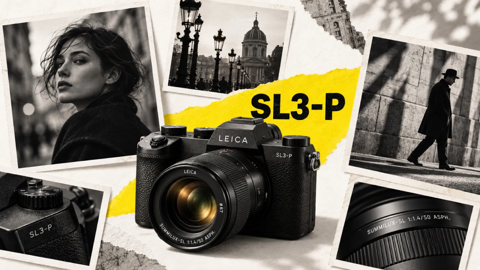 Illustration en collage photographique de l’article « Leica SL3-P : le plein format 44 Mpx le plus discret de la marque »