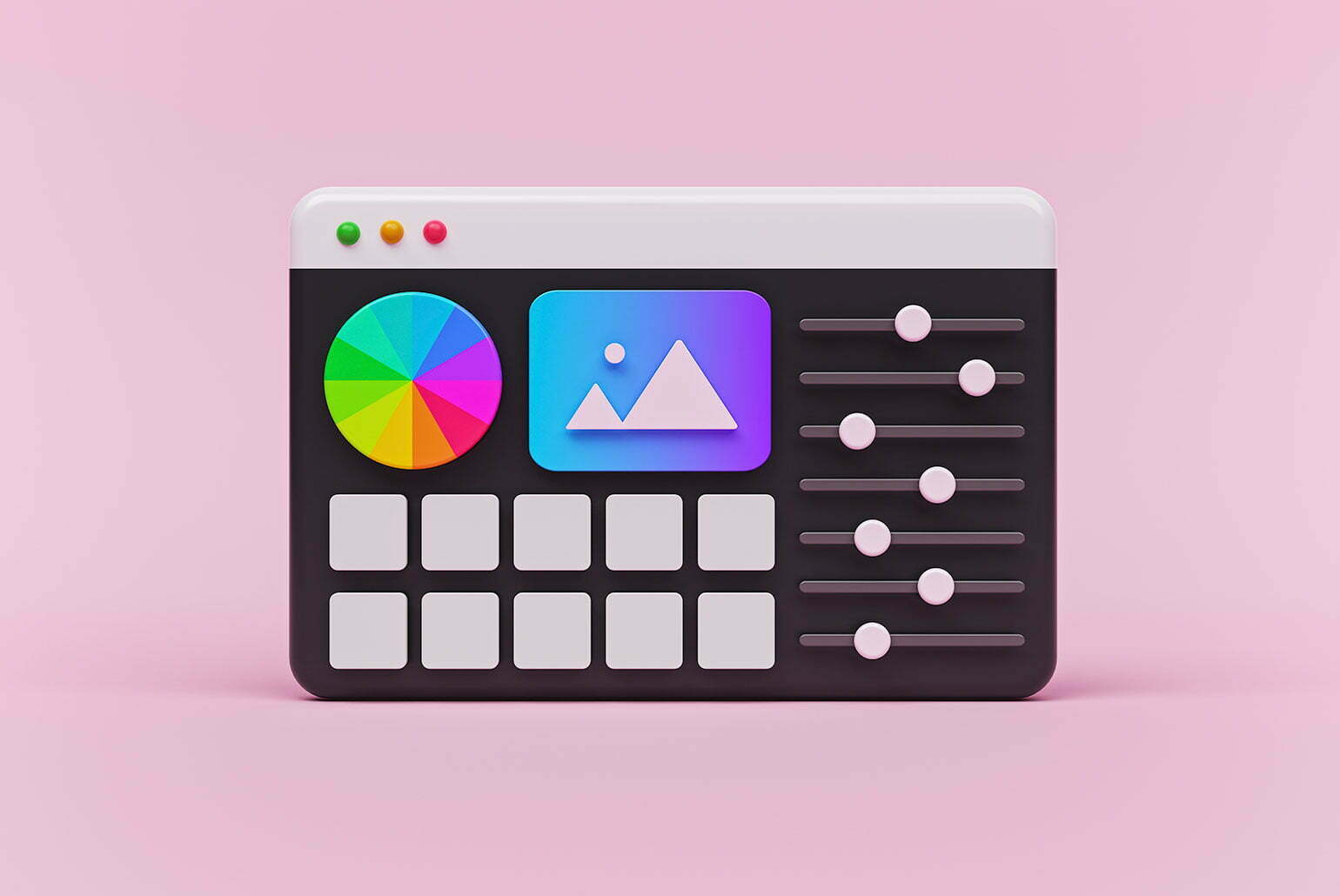 Interface graphique 3D avec palette de couleurs, image et curseurs sur fond rose