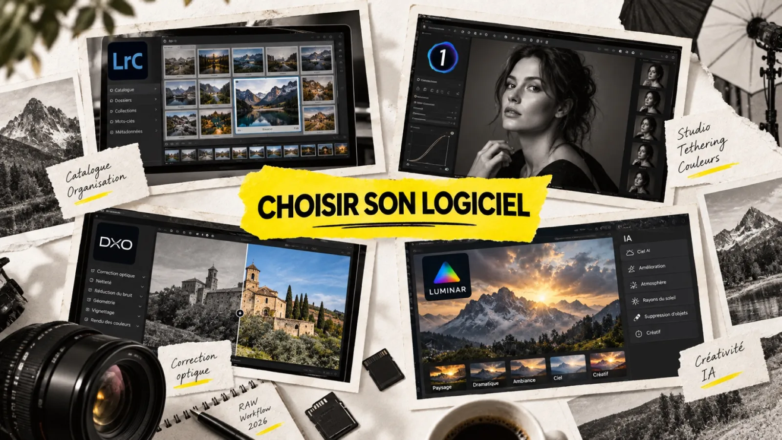 Illustration en collage photographique de l’article « Lightroom vs Capture One vs DxO PhotoLab vs Luminar : lequel choisir en 2026 ? »
