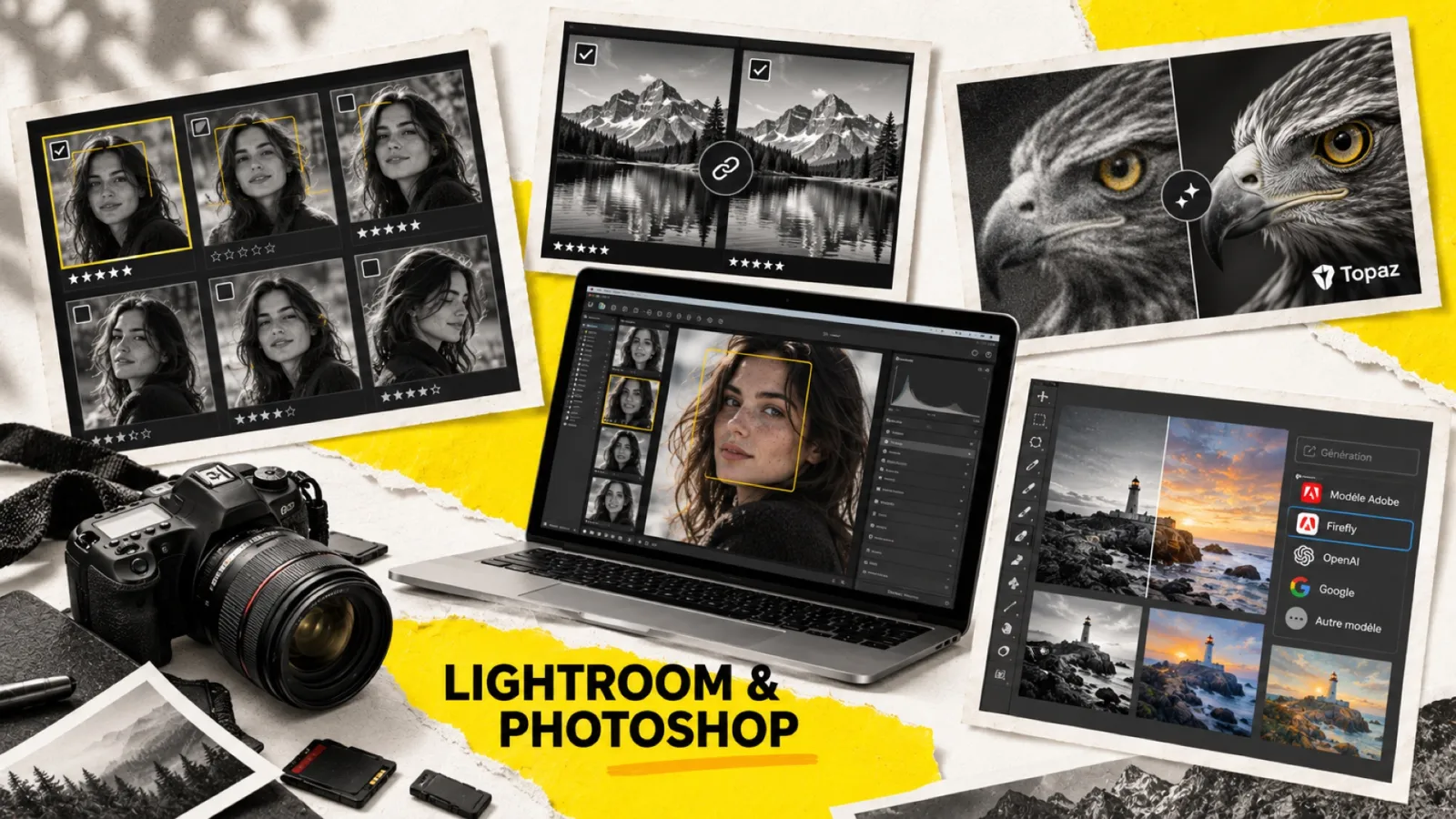 Illustration en collage photographique de l’article « Lightroom Classic 15.4 et Photoshop 27.8 : tri par IA, anti-doublons et génération multi-modèles »