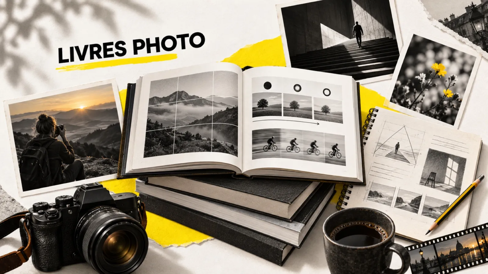 Illustration en collage photographique de l’article « Les livres incontournables pour apprendre et étudier la photographie »