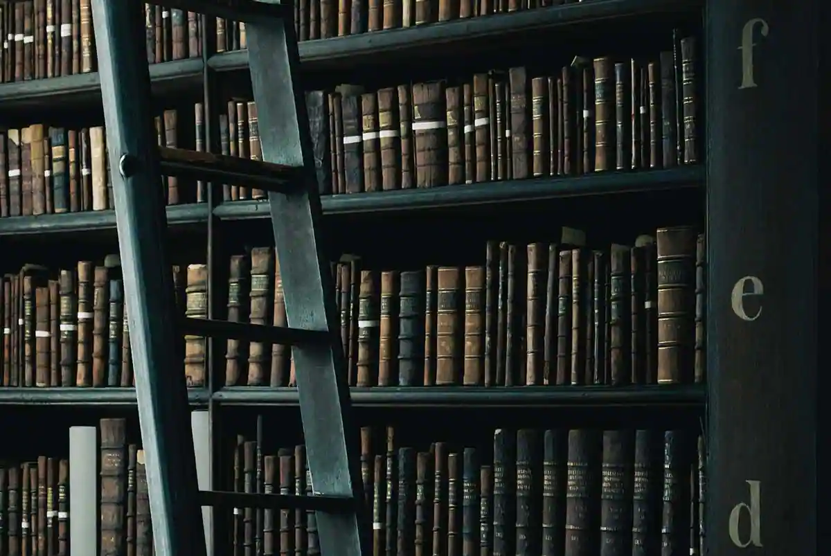 Échelle en bois devant une bibliothèque ancienne remplie de livres reliés en cuir.
