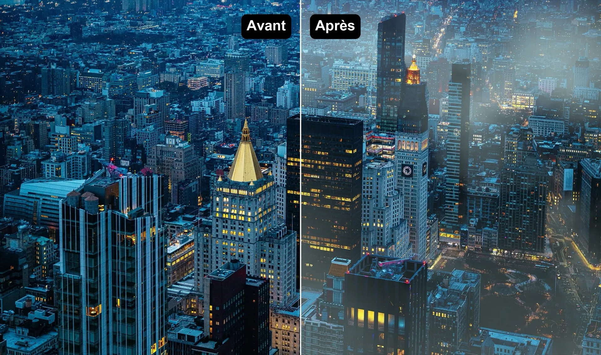 Atmosphère 2.0 dans Luminar 1.29 : vue aérienne d'une ville la nuit, sans brouillard à gauche, avec un brouillard en volume entre les tours à droite