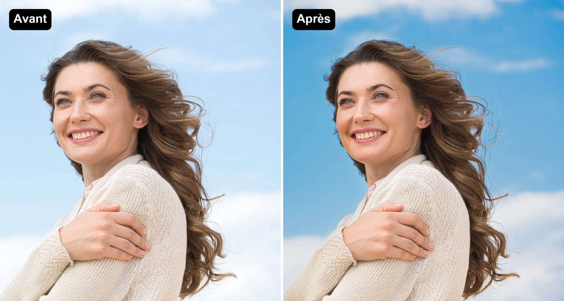 Enhance AI dans Luminar 1.29 : portrait d'une femme sous un ciel bleu, avant et après, ciel plus dense et peau naturelle
