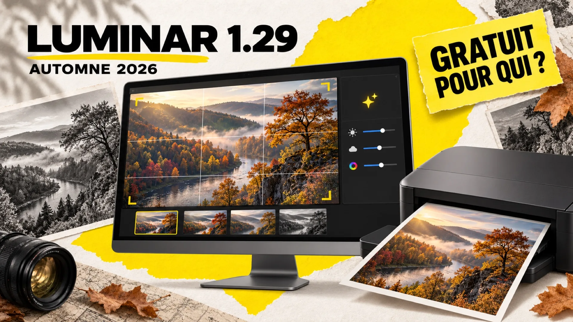 Luminar 1.29, la mise à jour d'automne 2026 : écran de retouche avec grille de recadrage, vignettes de compositions et imprimante