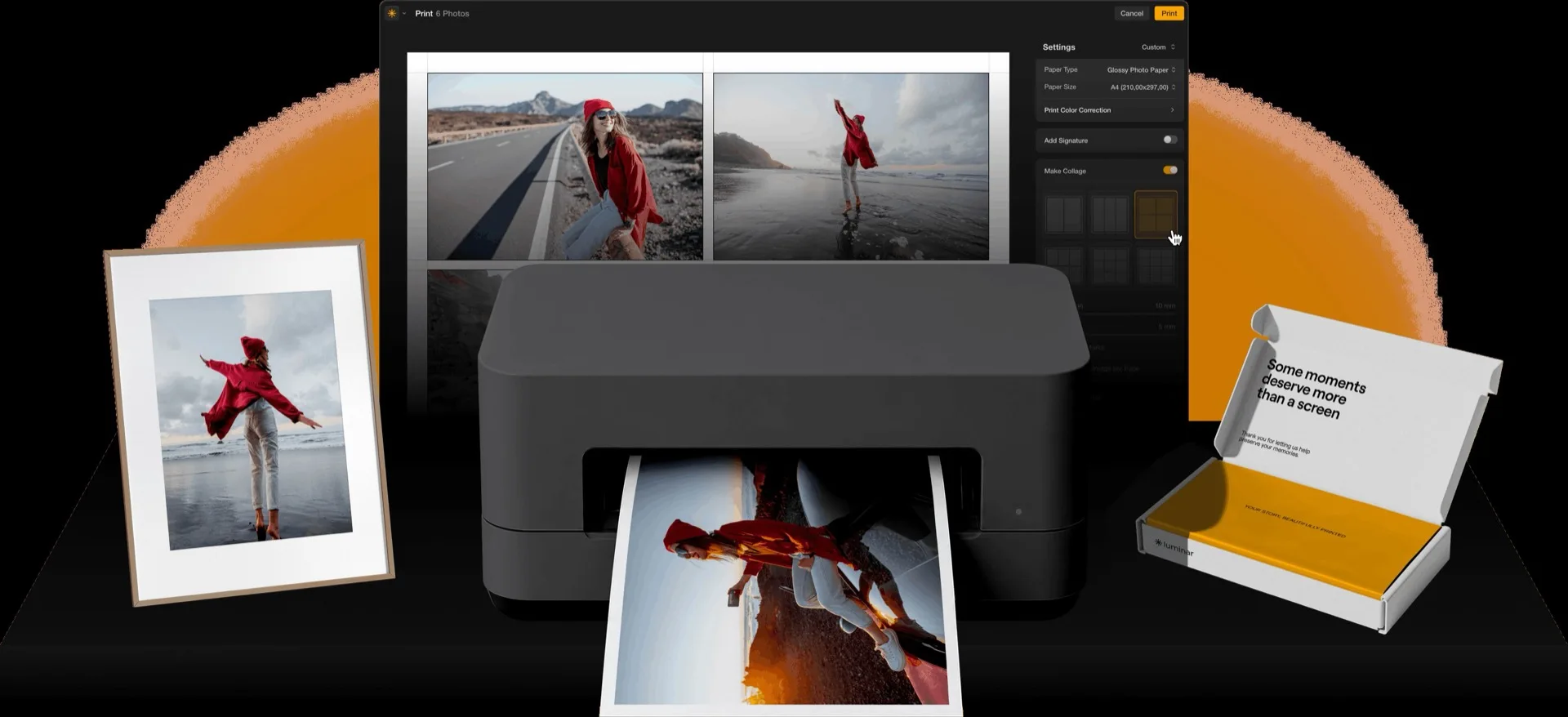 Mode impression de Luminar 1.29 : l'interface d'impression avec ses réglages, une imprimante, un tirage encadré et une boîte de tirages