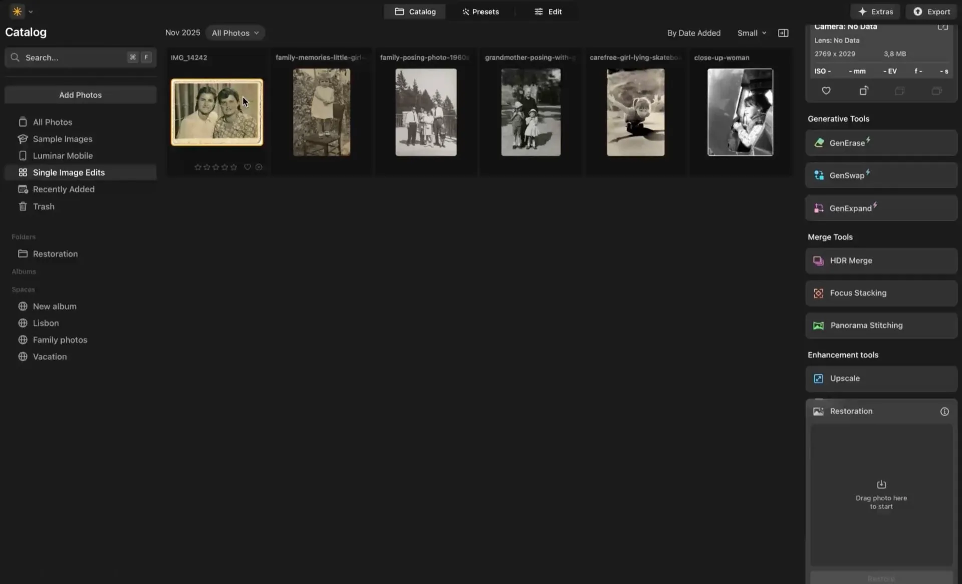 Restauration d'une photo ancienne endommagée avec l'outil Restoration de Luminar Neo