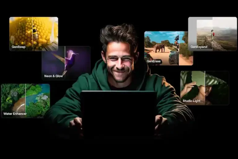 Un homme sourit en regardant un ordinateur portable entouré de différentes vignettes d'outils d'édition photo.