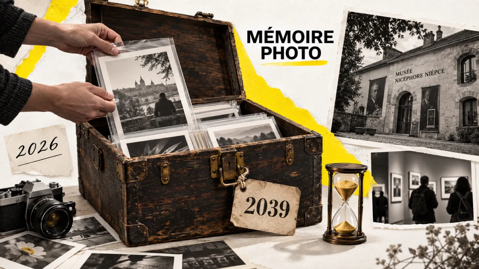 Illustration en collage photographique de l’article « La Malle des bicentenaires : votre photo de 2026 peut être scellée jusqu’en 2039 »