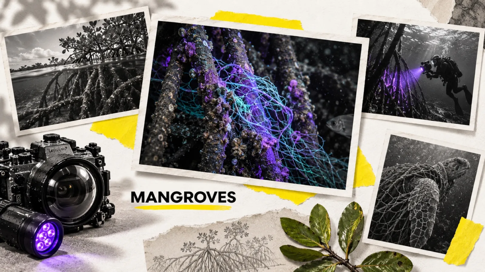 Illustration en collage photographique de l’article « Mangrove Photography Awards 2026 : un filet fantôme sous UV sacré photo de l’année »