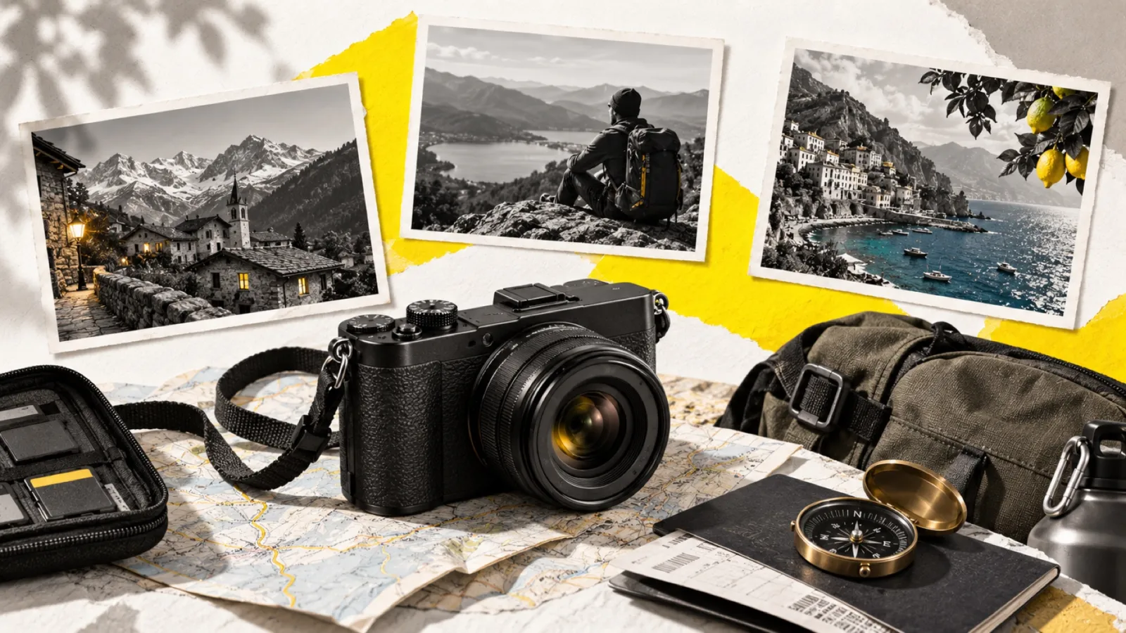 Illustration en collage photographique de l’article « Meilleur appareil photo pour voyager : notre sélection par profil »