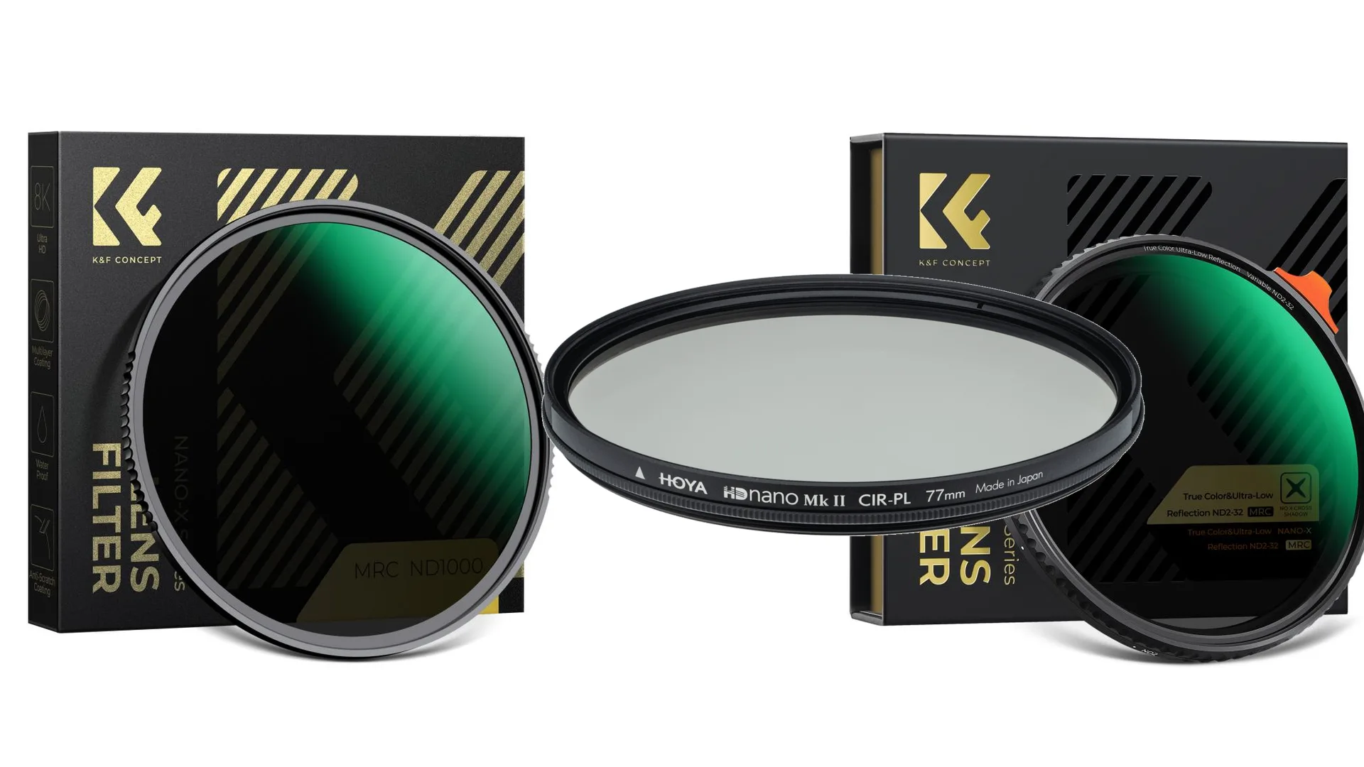 Filtres ND et polarisant : K&F ND1000, Hoya HD nano Mk II CIR-PL et K&F ND2-32 variable