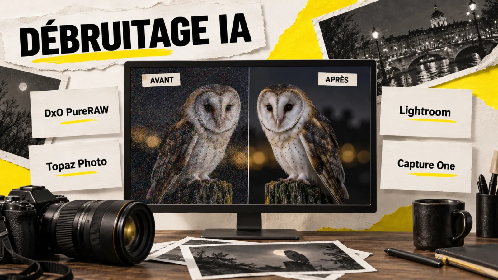 Illustration en collage photographique de l’article « Meilleur logiciel de débruitage IA en 2026 : DxO PureRAW vs Topaz vs Lightroom vs Capture One »