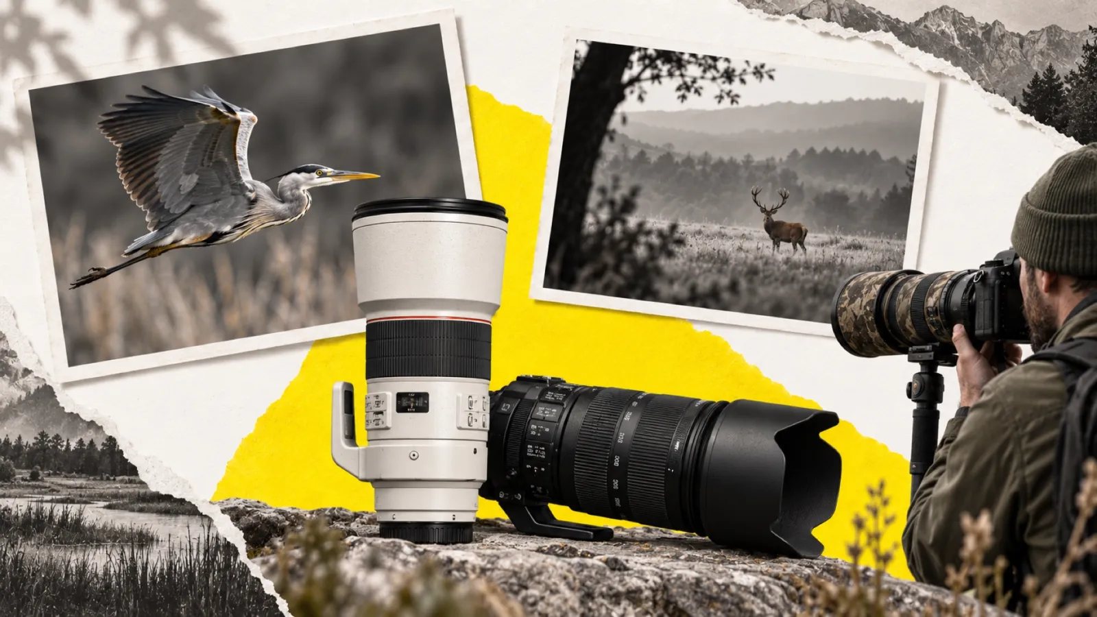 Illustration en collage photographique de l’article « Meilleur objectif animalier : téléobjectifs par monture et budget »