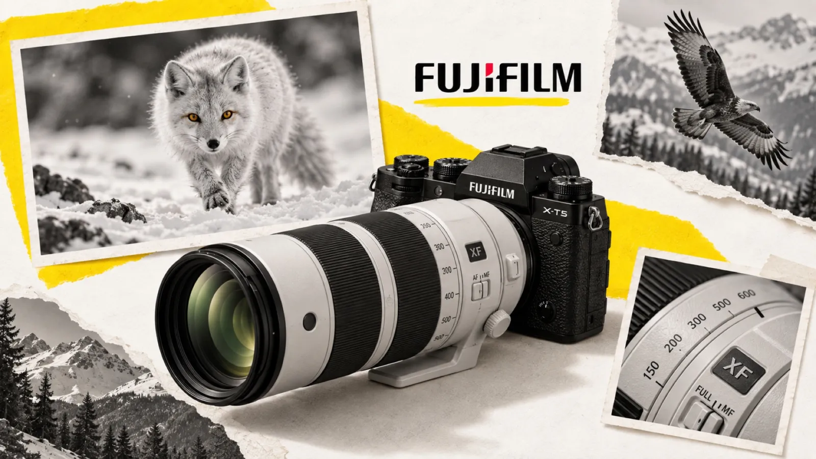 Illustration en collage photographique de l’article « Meilleur objectif animalier Fujifilm : le guide par allonge et budget »