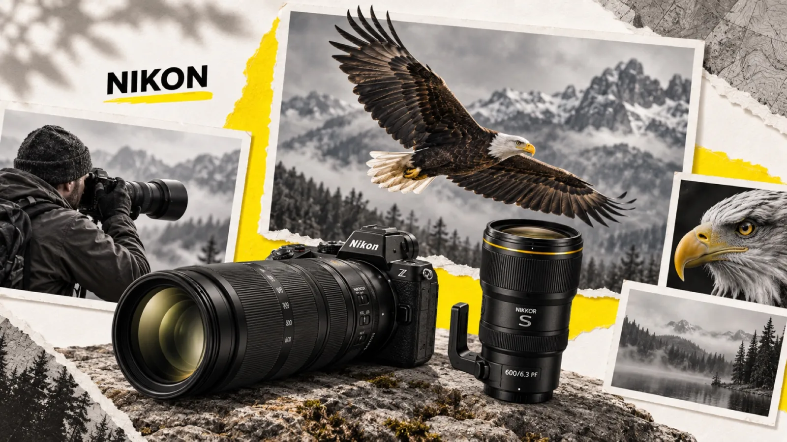 Illustration en collage photographique de l’article « Meilleur objectif animalier Nikon : le guide par allonge et budget »
