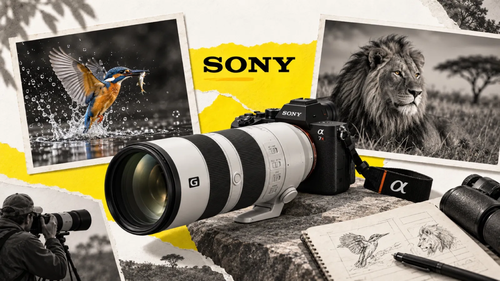 Illustration en collage photographique de l’article « Meilleur objectif animalier Sony : le guide par allonge et budget »