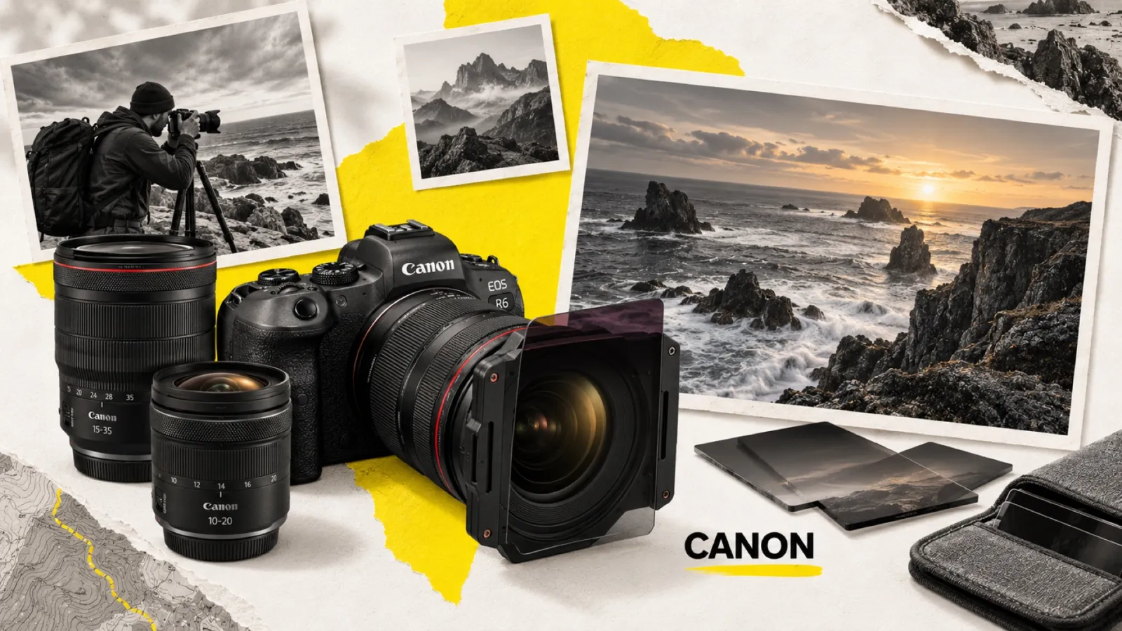 Illustration en collage photographique de l’article « Meilleur objectif paysage Canon : le guide par type et budget »