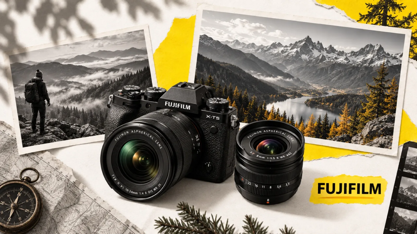 Illustration en collage photographique de l’article « Meilleur objectif paysage Fujifilm : le guide par type et budget »