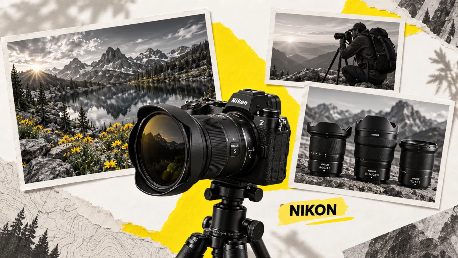 Illustration en collage photographique de l’article « Meilleur objectif paysage Nikon : le guide par type et budget »
