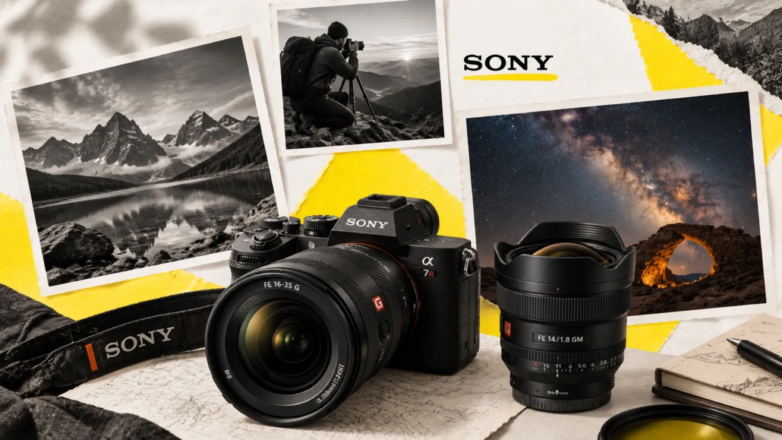 Illustration en collage photographique de l’article « Meilleur objectif paysage Sony : le guide par type et budget »