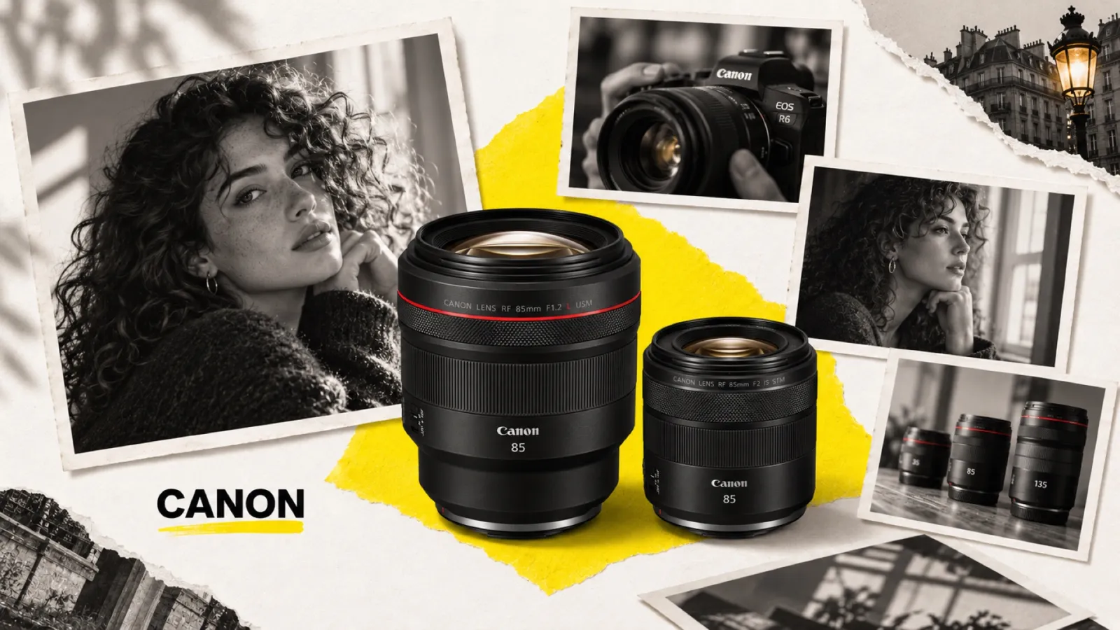 Illustration en collage photographique de l’article « Meilleur objectif portrait Canon : le guide par focale et budget »