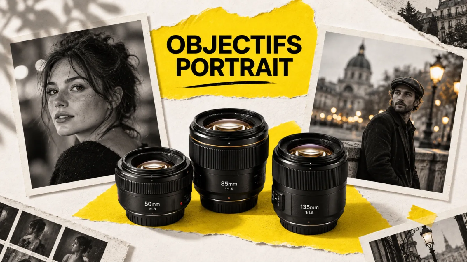 Illustration en collage photographique de l’article « Meilleur objectif portrait : le guide par monture et focale »