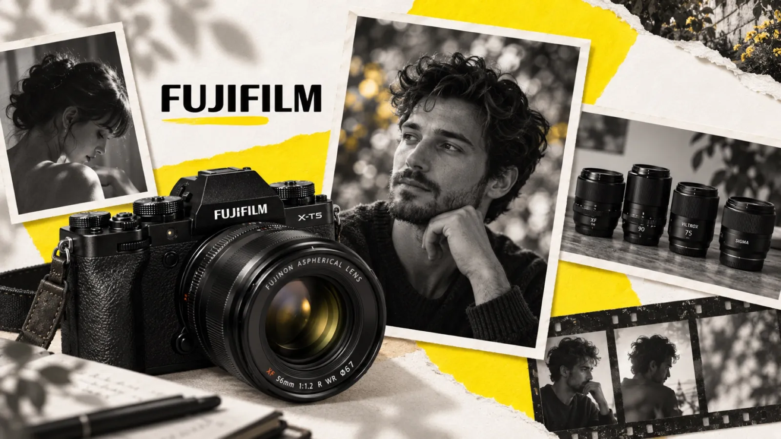 Illustration en collage photographique de l’article « Meilleur objectif portrait Fujifilm : le guide par focale et budget »