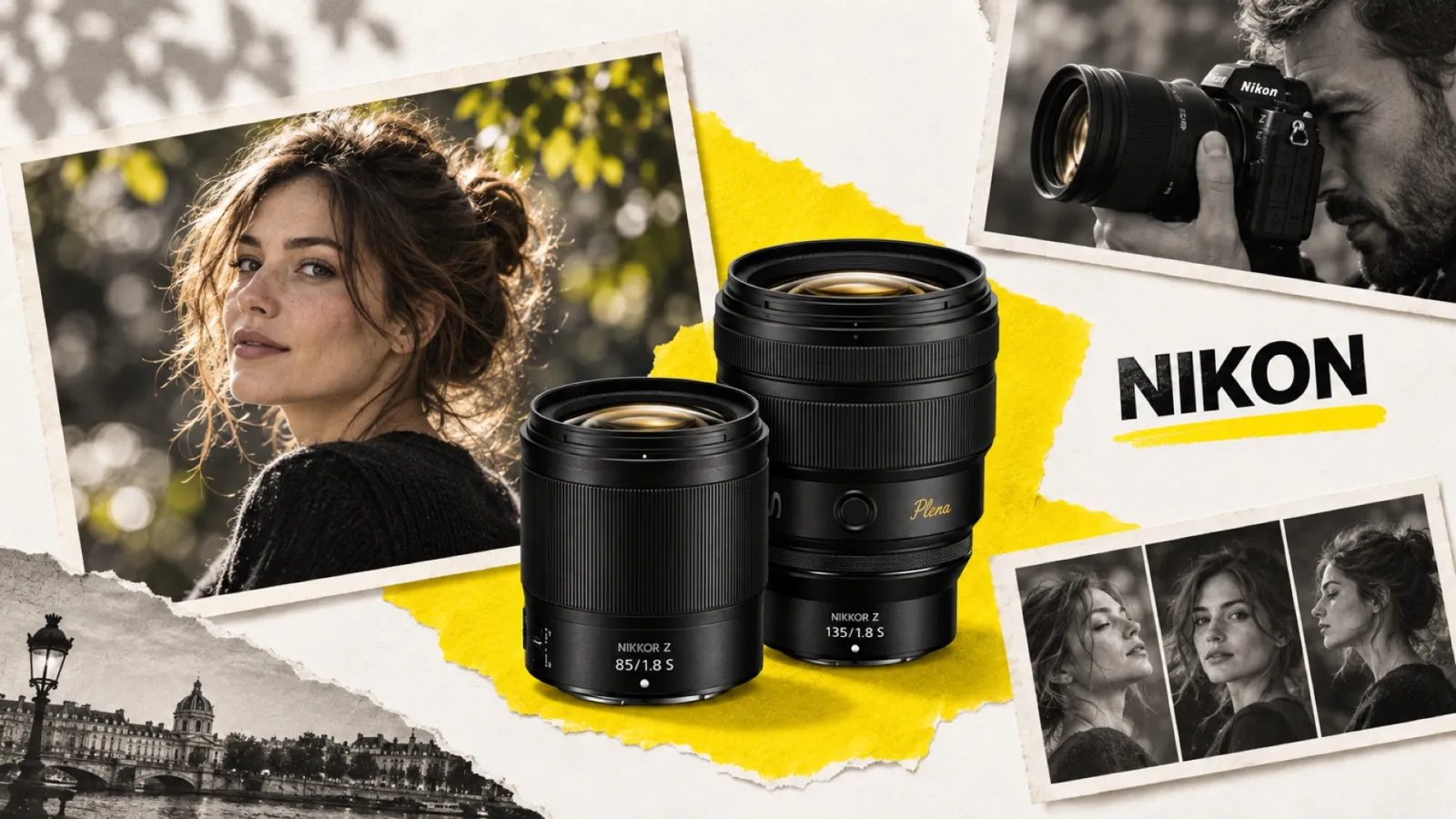 Illustration en collage photographique de l’article « Meilleur objectif portrait Nikon : le guide par focale et budget »