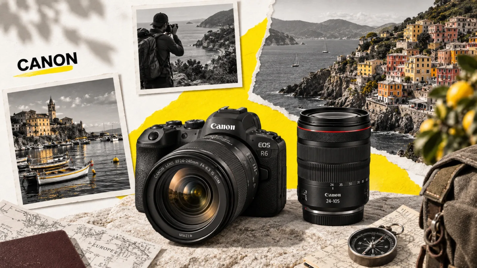 Illustration en collage photographique de l’article « Meilleur objectif de voyage Canon : le guide par usage et budget »