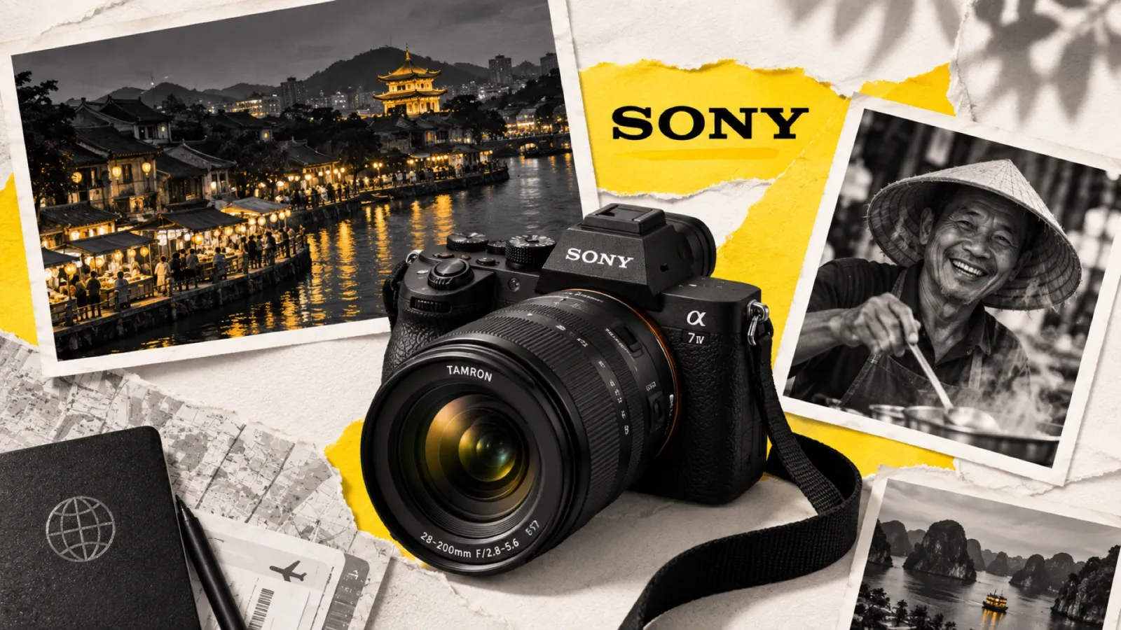 Illustration en collage photographique de l’article « Meilleur objectif de voyage Sony : le guide par usage et budget »