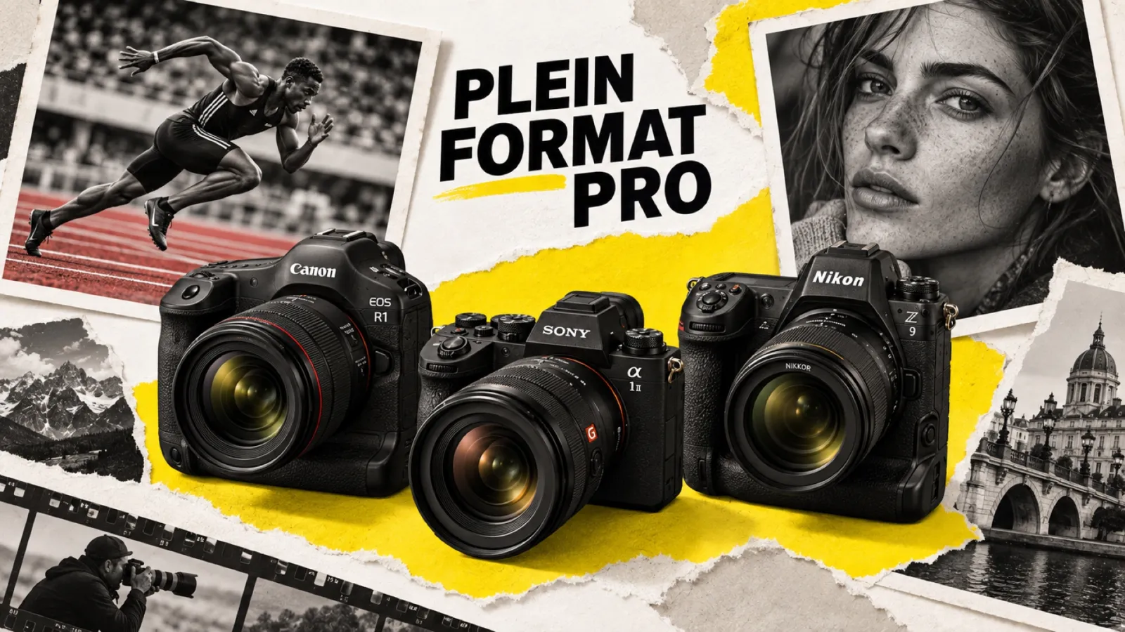 Illustration en collage photographique de l’article « Meilleurs appareils photo plein format pro : le comparatif »