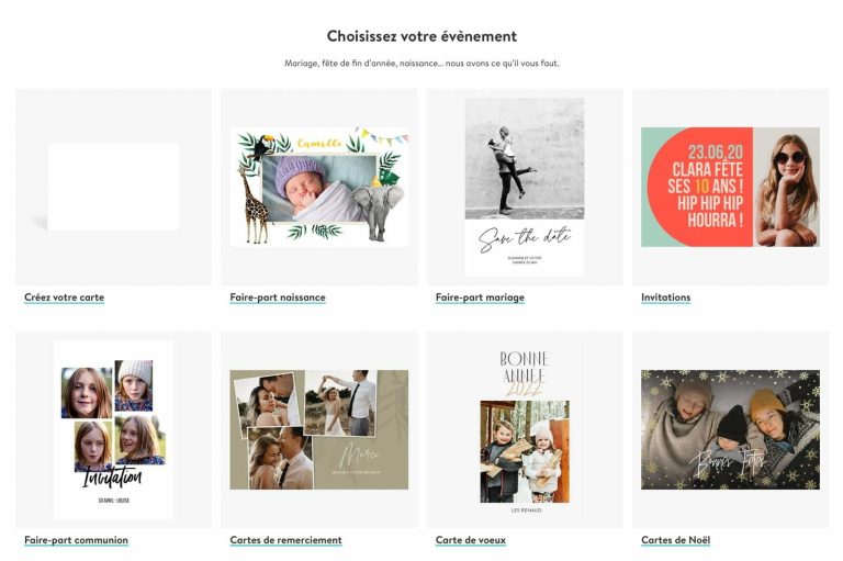 Sélection de cartes personnalisables pour divers événements tels que mariage, naissance et fêtes.