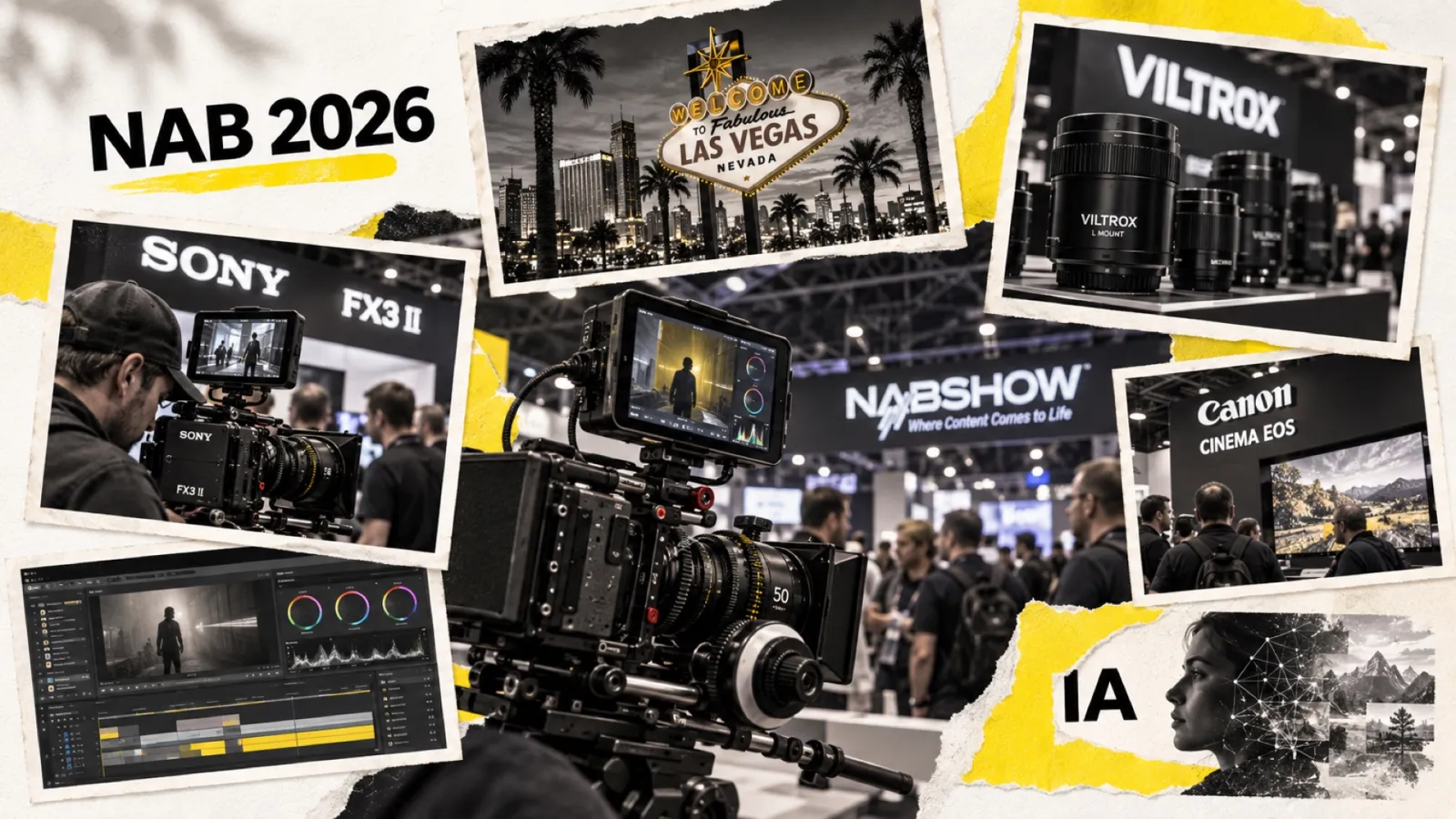 Illustration en collage photographique de l’article « NAB 2026 : bilan complet pour les photographes hybrides — Viltrox, Sony FX3 II, Canon et IA post-prod »