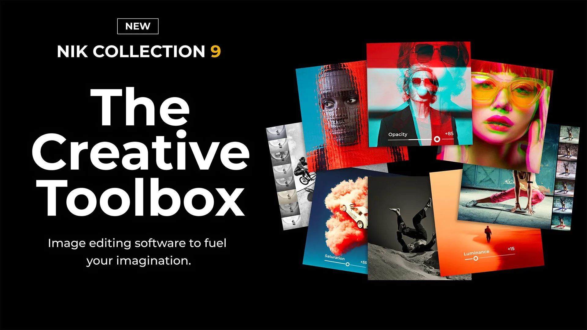 Visuel officiel Nik Collection 9 : The Creative Toolbox, mosaïque de photos retouchées avec les plugins DxO