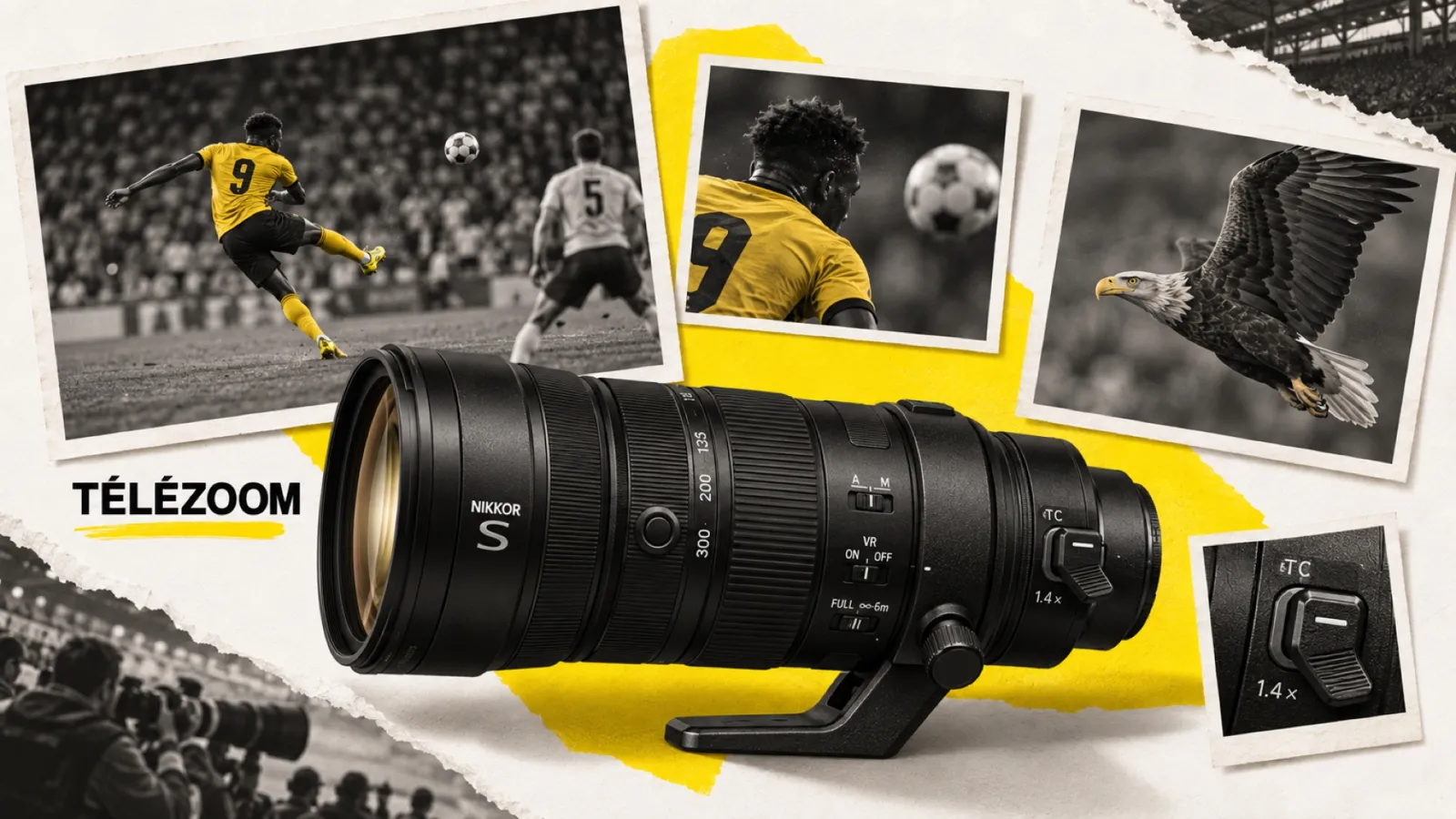 Illustration en collage photographique de l’article « Nikkor Z 120-300mm f/2.8 TC VR S : Nikon annonce un télézoom S-Line avec téléconvertisseur intégré »